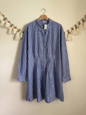 Gap Blue Striped Poplin Button Down Shirring Shirtdress Preppy Coastal NWT XL